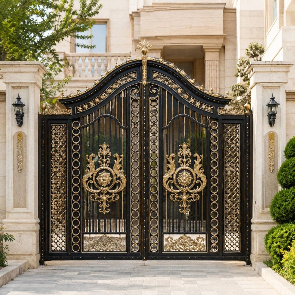 اجرای درب پارکینگ مشکی طلایی برای حریم محوطه