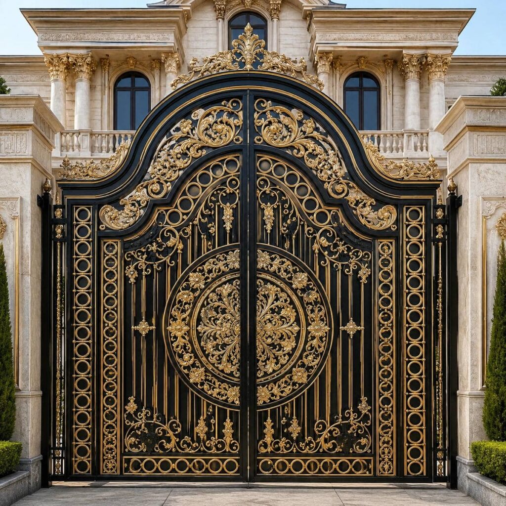 خدمات نصب درب ویلایی مشکی طلایی ورودی لوکس با یراق‌آلات ایمن