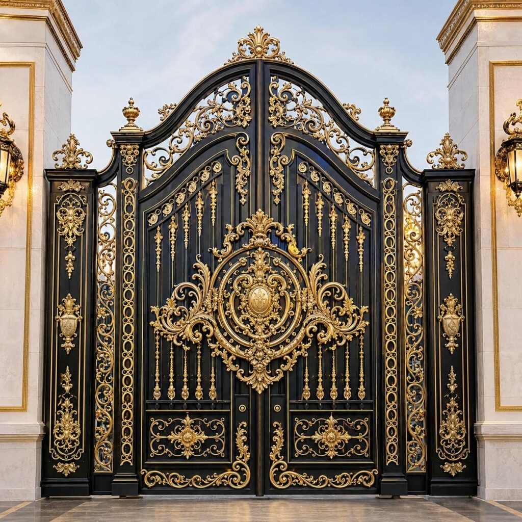درب پارکینگ مشکی طلایی طرح مدرن خطی برای نمای خاص
