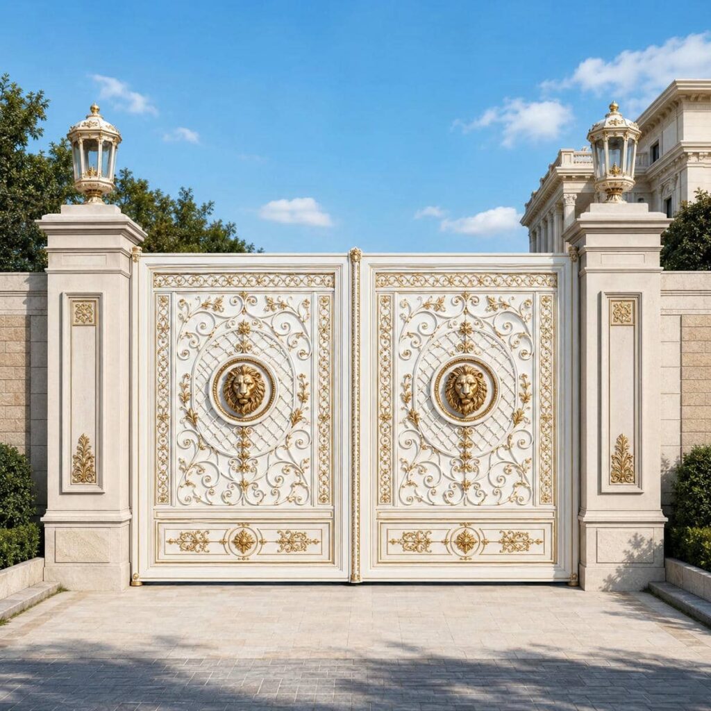 سفارش درب حیاط سفید طلایی مناسب پارکینگ