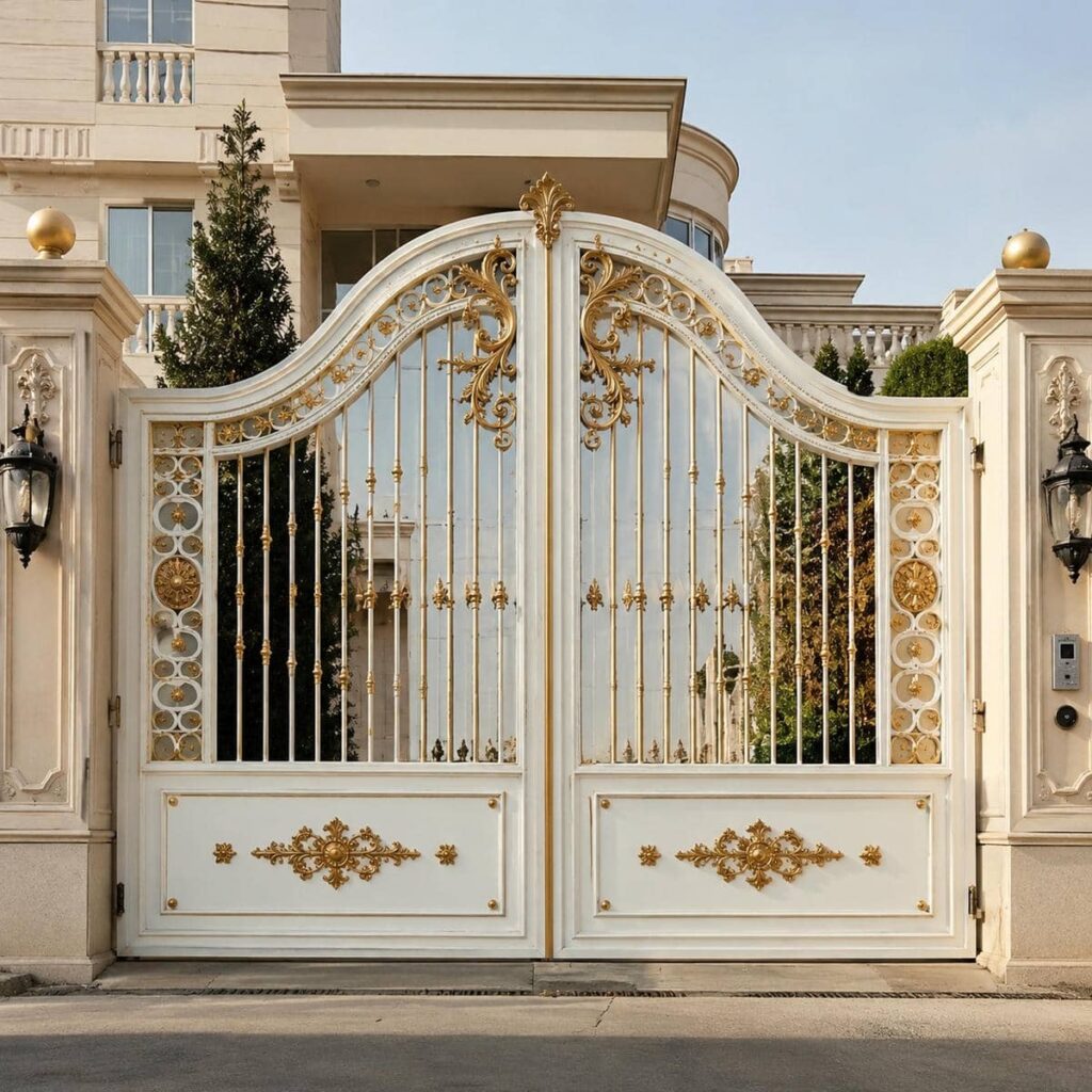 درب ویلایی سفید طلایی نمای کلاسیک برای امنیت ورودی و کنترل حریم