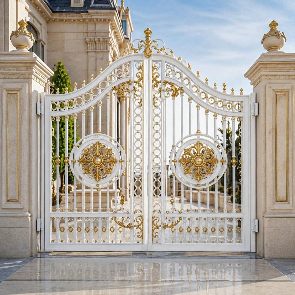 اجرای درب حیاط سفید طلایی برای کنترل رفتوآمد خودرو