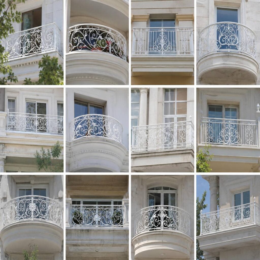 نرده بالکن شیشه‌ای با فریم فلزی در نمای مدرن