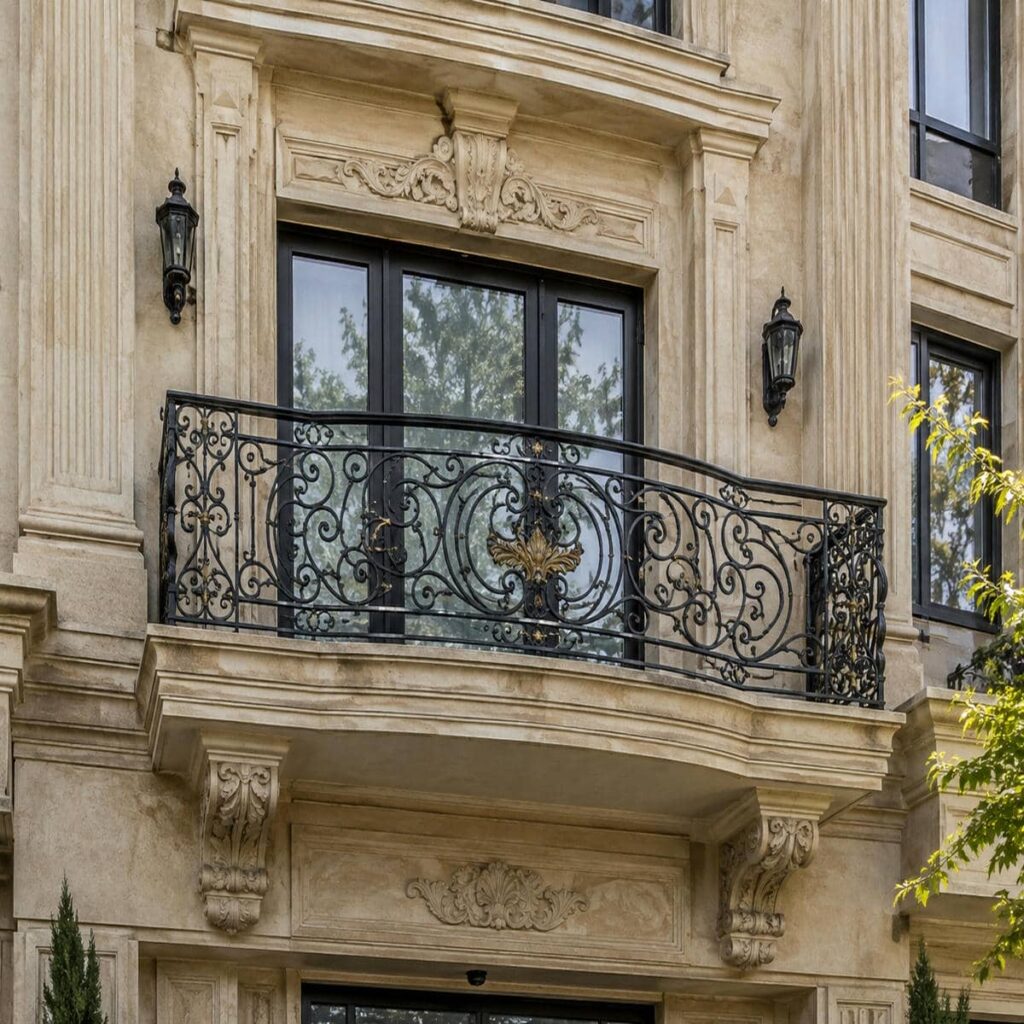 نرده بالکن مشکی کنار نمای سنگی