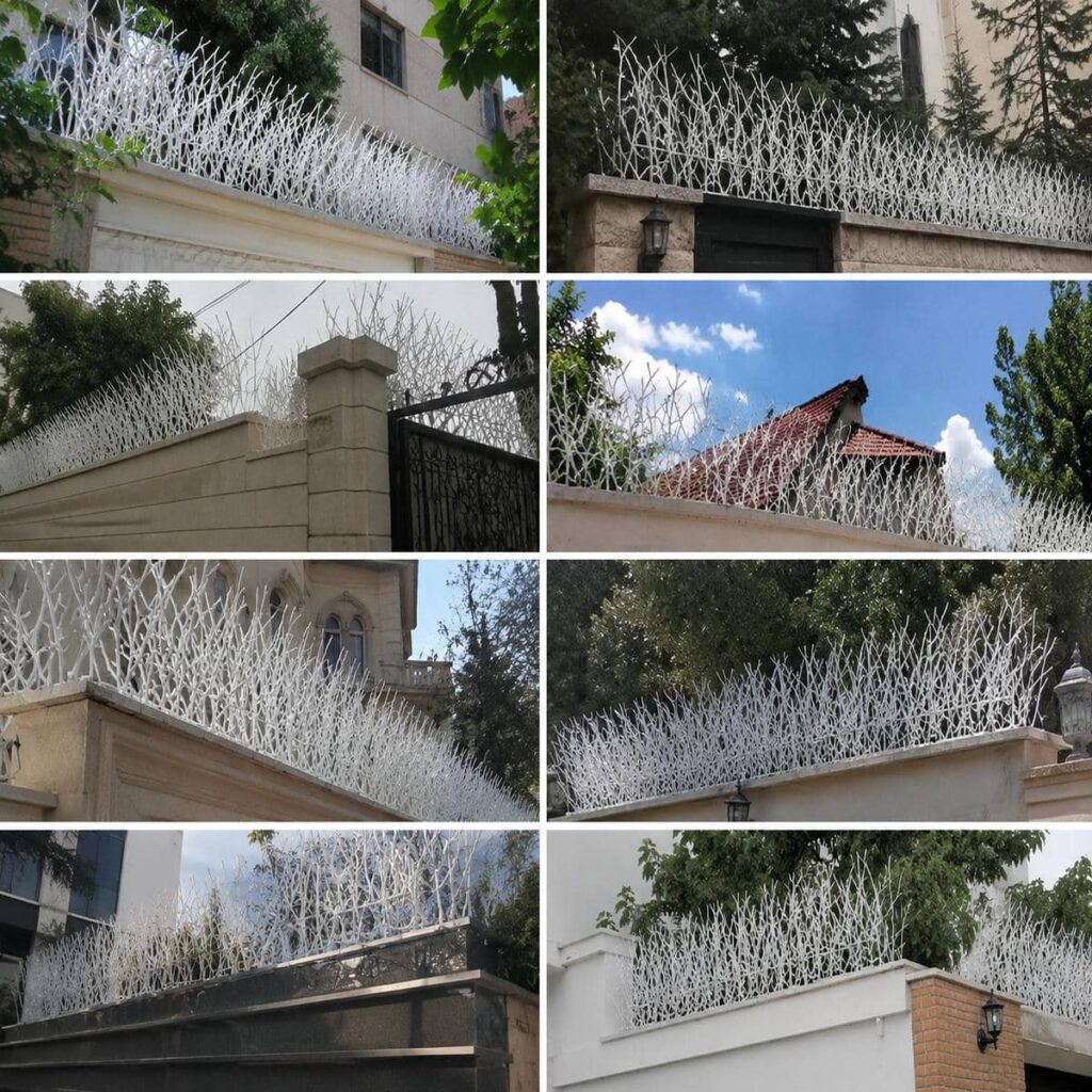 نرده سرنیزه ای نصب شده بر لبه دیوار باغ نرده سرنیزه ای نصب شده بر لبه دیوار باغ